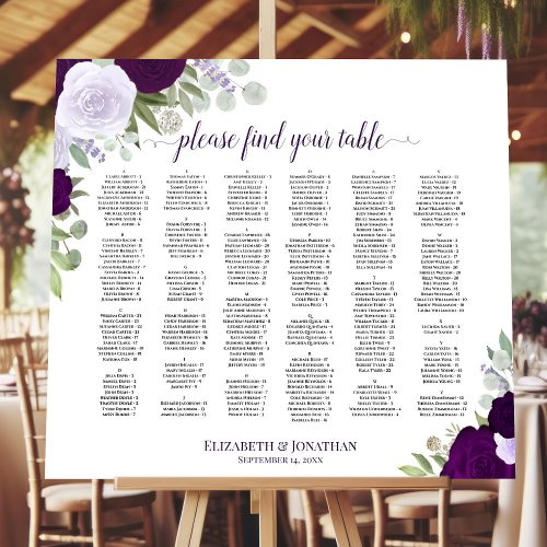 Purple Floral Alphabetical Wedding Seating Chart Foam Board