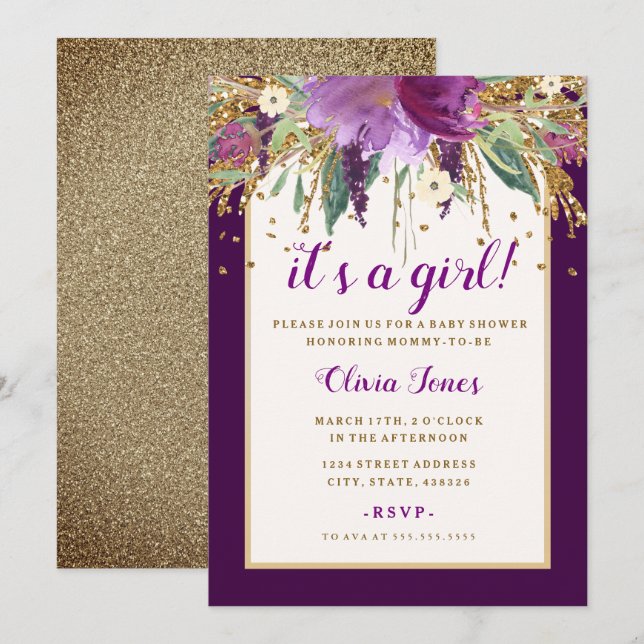 Purple Floral Amethyst Baby Shower Invitation (Front/Back)