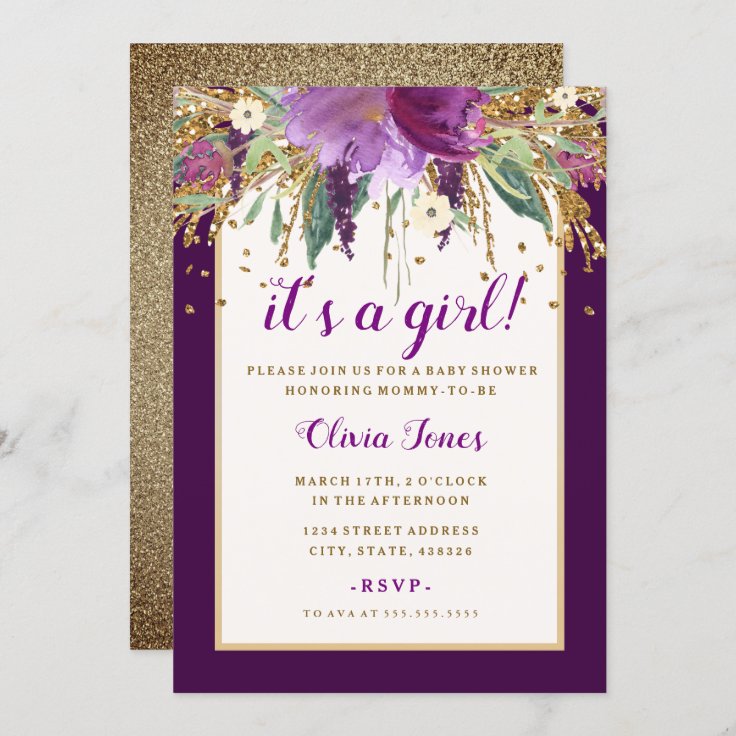 Purple Floral Amethyst Baby Shower Invitation | Zazzle