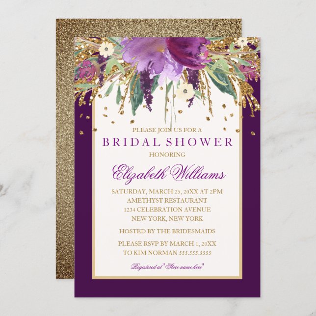 Purple Floral Amethyst Bridal Shower Invitation (Front/Back)