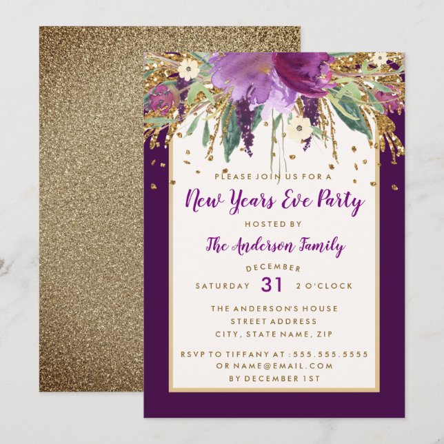 Purple Floral Amethyst New Years Eve Party Invitation (Front/Back)
