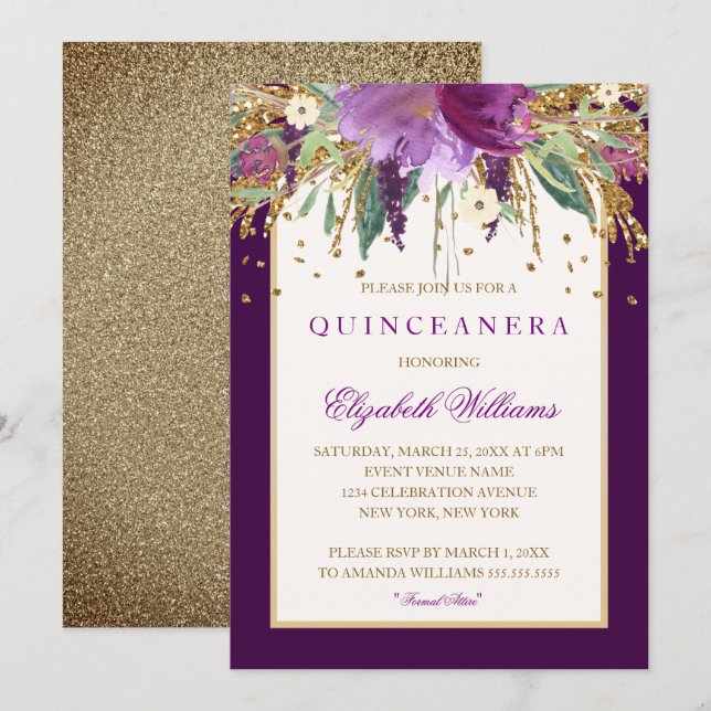 Purple Floral Amethyst Quinceanera Invitation (Front/Back)