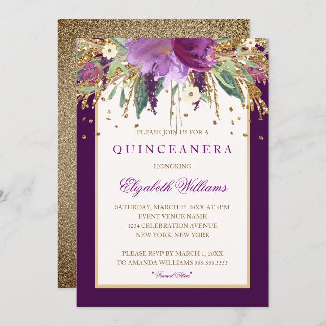 Purple Floral Amethyst Quinceanera Invitation (Front/Back)