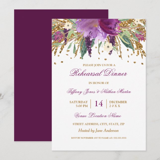 Purple Floral Amethyst Wedding Rehearsal Dinner Invitation (Front/Back)