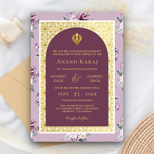 Purple Floral Anand Karaj Punjabi Sikh Wedding Invitation