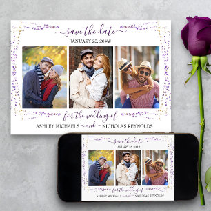 Purple Floral and Confetti 3 Photo Wedding Save The Date