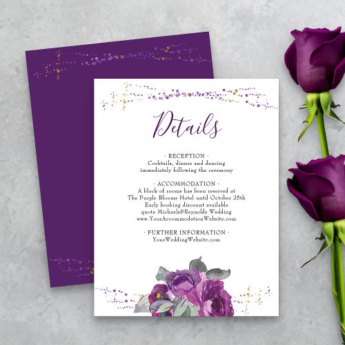 Purple Floral and Confetti Wedding Details Enclosure Card