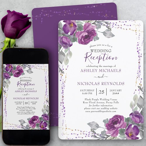Purple Floral and Confetti Wedding Reception Only Invitation