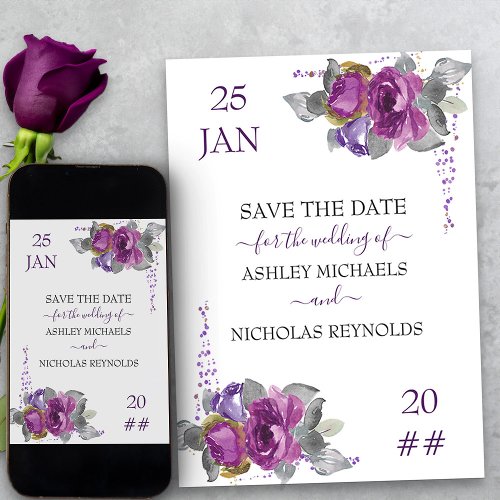 Purple Floral and Confetti Wedding Save The Date