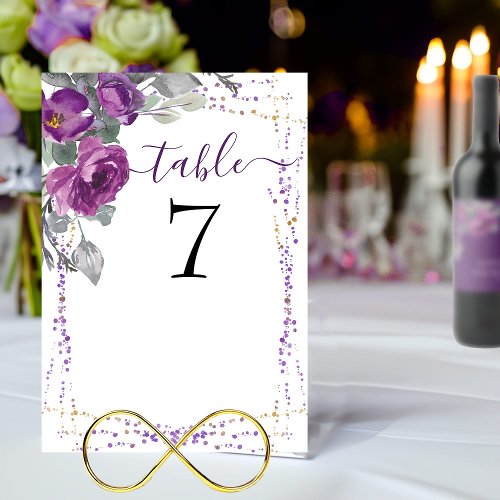 Purple Floral and Elegant Script Wedding Table Number
