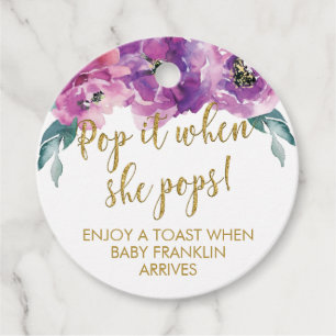 Purple Floral and Gold Baby Shower Pop It Favor Tags