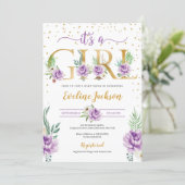 Purple floral and gold foil letter baby shower invitation (Standing Front)