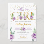 Purple floral and gold foil letter baby shower invitation (Front/Back)