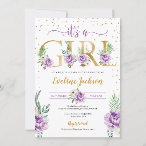 Purple floral and gold foil letter baby shower invitation