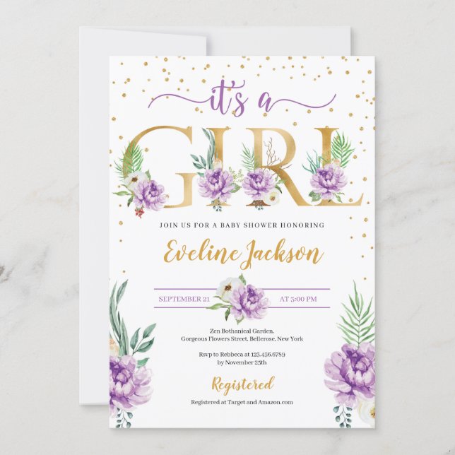 Purple floral and gold foil letter baby shower invitation (Front)