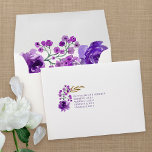 Purple Floral and Gold Leaf Addressed RSVP Envelope<br><div class="desc">White envelopes with return address printed on the front and decorated with pretty floral arrangements of purple flowers and gold leaves inside and out. Ideal for RSVP cards and a perfect match for my Rose and Gold Leaf quinceanera collection of invitations,  stationery and day of event decor.</div>