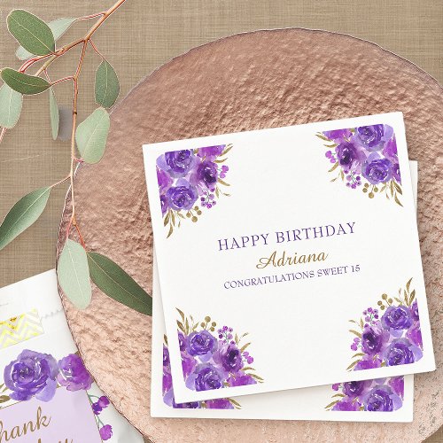 Purple Floral and Gold Leaf Happy Birthday Party Napkins