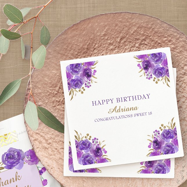 Purple Floral and Gold Leaf Happy Birthday Party Napkins (Purple floral cocktail napkins from my Rose and Gold Leaf quinceanera collection)