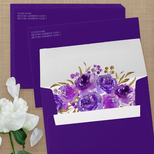 Purple Floral and Gold Leaf Invitation  Envelope