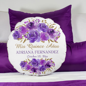 Purple Floral And Gold Leaf Quinceanera Keepsake Round Pillow by darlingandmay at Zazzle