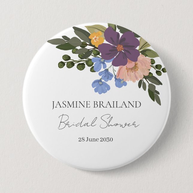Purple Floral and Greenery Bouquet Bridal Shower  Button (Front)