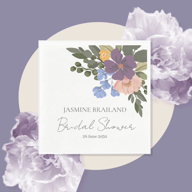 Purple Floral and Greenery Bouquet Bridal Shower  Napkins (Creator Uploaded)