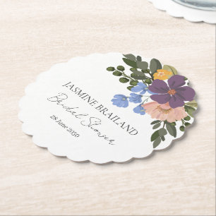Purple Floral and Greenery Bouquet Bridal Shower  Paper Coaster