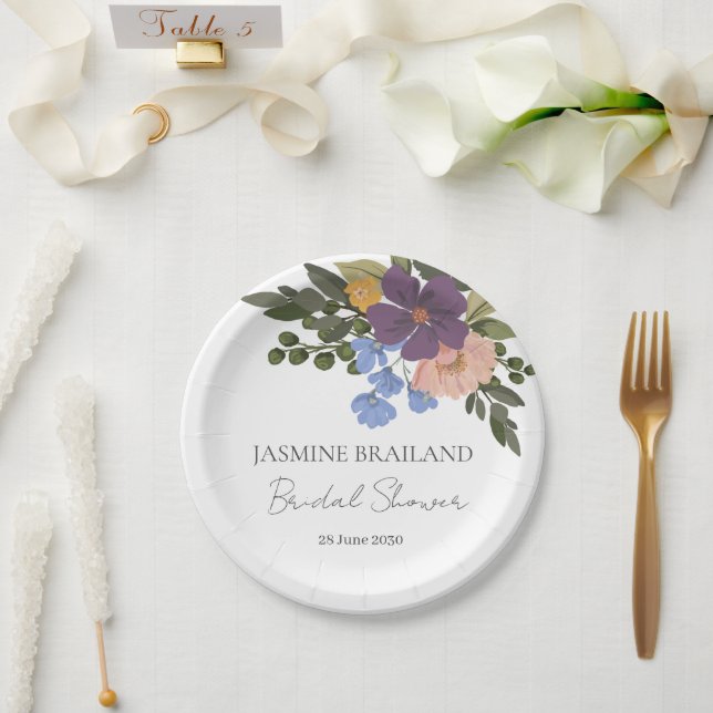Purple Floral and Greenery Bouquet Bridal Shower  Paper Plates (Wedding)