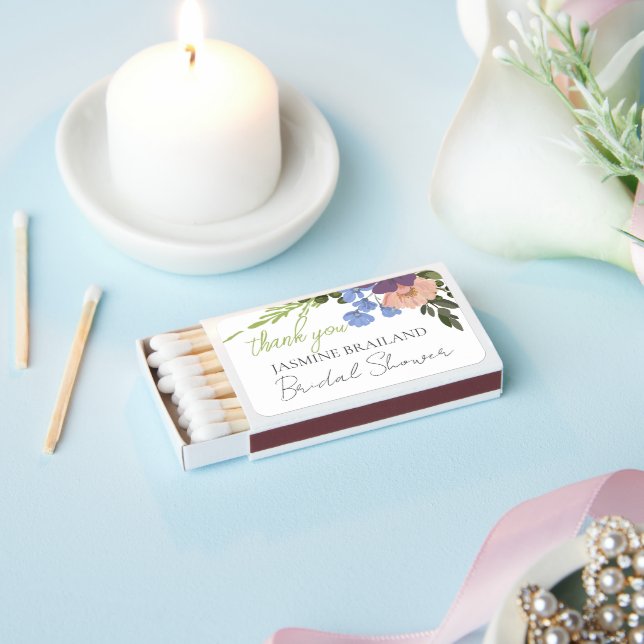 Purple Floral and Greenery Bridal Shower Thank You Matchboxes (Insitu)