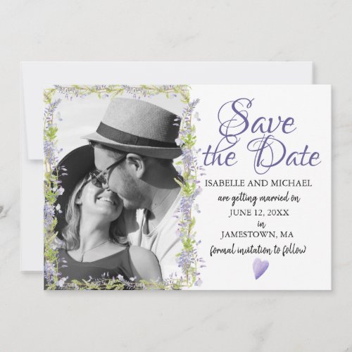 Purple Floral and Heart Save the Date Card