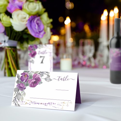 Purple Floral and Script Folded Place Card