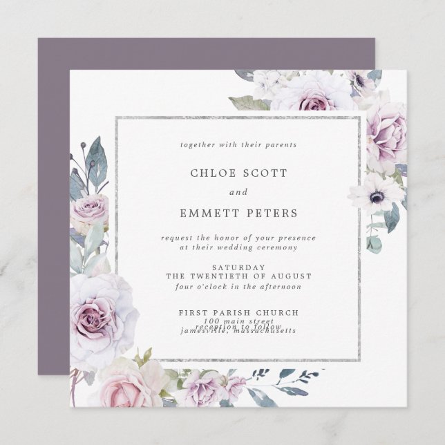 Purple Floral and Silver Frame Square Wedding Invitation (Front/Back)