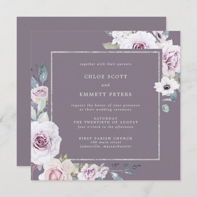 Purple Floral and Silver Frame Square Wedding Invitation (Front/Back)