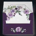Purple Floral and Silver Geometric Elegant Wedding Envelope<br><div class="desc">Inside features a printed silver/gray colored geometric frame decorated with various watercolor floral roses and others in numerous shades of dark, medium and light purple colors. Design also features white hydrangea and calla lily elements intertwined with greenery and eucalyptus branches. Exterior bottom/back features a matching purple floral arrangement with greenery....</div>