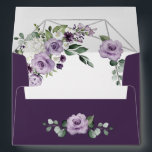 Purple Floral and Silver Geometric Elegant Wedding Envelope<br><div class="desc">Inside features a printed silver/gray colored geometric frame decorated with various watercolor floral roses and others in numerous shades of dark, medium and light purple colors. Design also features white hydrangea and calla lily elements intertwined with greenery and eucalyptus branches. Exterior bottom/back features a matching purple floral arrangement with greenery....</div>