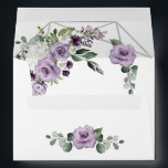 Purple Floral and Silver Geometric Elegant Wedding Envelope<br><div class="desc">Outside is white. Inside features a printed silver/gray colored geometric frame decorated with various watercolor floral roses and others in numerous shades of dark, medium and light purple colors. Design also features white hydrangea and calla lily elements intertwined with greenery and eucalyptus branches. Exterior bottom/back features a matching purple floral...</div>