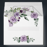 Purple Floral and Silver Geometric Elegant Wedding Envelope<br><div class="desc">Outside is white. Inside features a printed silver/gray colored geometric frame decorated with various watercolor floral roses and others in numerous shades of dark, medium and light purple colors. Design also features white hydrangea and calla lily elements intertwined with greenery and eucalyptus branches. Exterior bottom/back features a matching purple floral...</div>