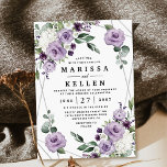 Purple Floral and Silver Geometric Elegant Wedding Invitation<br><div class="desc">Design features a printed silver/gray colored geometric frame decorated with various watercolor floral roses and others in numerous shades of dark,  medium and light purple colors.  Design also features white hydrangea and calla lily elements intertwined with greenery and eucalyptus branches.</div>