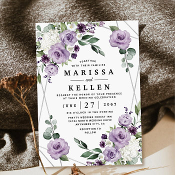 Purple Floral And Silver Geometric Elegant Wedding Invitation by RusticWeddings at Zazzle