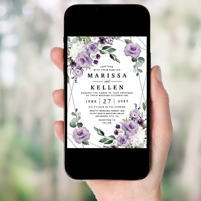 Purple Floral and Silver Geometric Elegant Wedding Invitation (Front Digital)