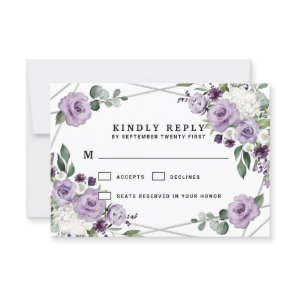 Purple Floral and Silver Geometric Elegant Wedding RSVP Card