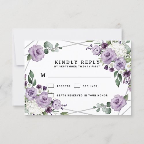 Purple Floral and Silver Geometric Elegant Wedding RSVP Card