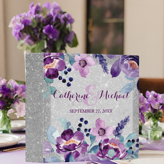 Purple Floral and Silver Glitter 3 Ring Binder (Front view classic elegant garden wedding violet luxury botanical chic elegant script Wedding Album)