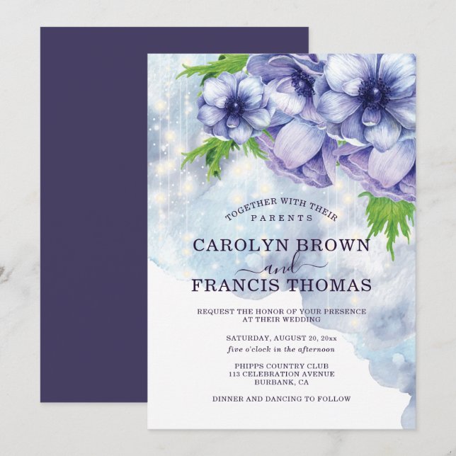 Purple Floral Anemone Wedding Invitation (Front/Back)
