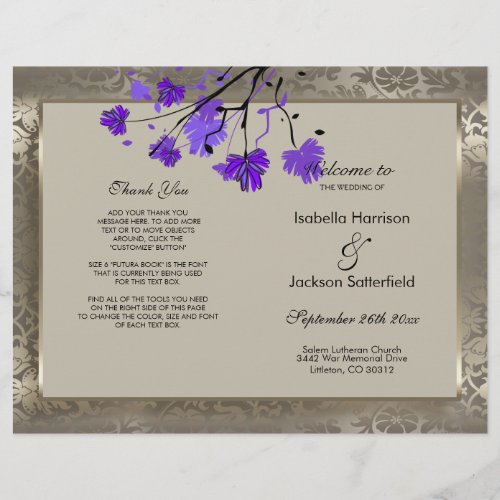 Purple Floral  Antique Silver Wedding Program