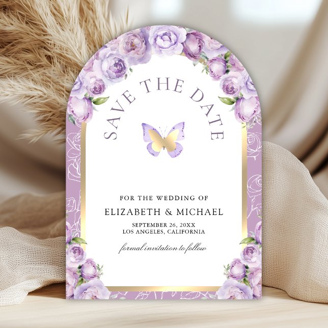 Purple Floral Arch Butterfly Photo Wedding Save The Date (Creator Uploaded)
