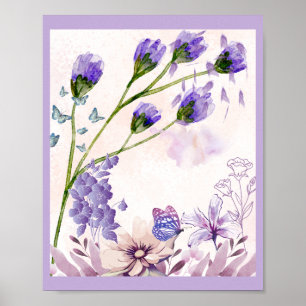 Purple Floral Art Poster   Watercolor Flowers & Bu