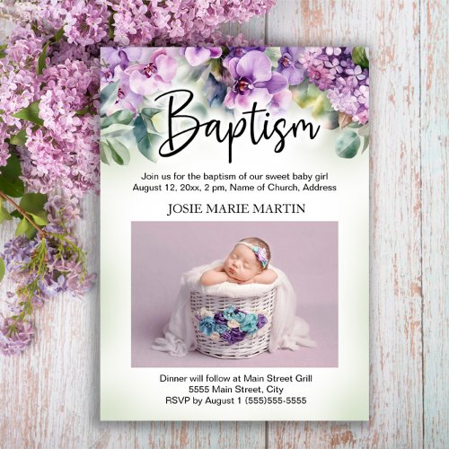 Purple Floral Baby Baptism Christening Photo Invitation
