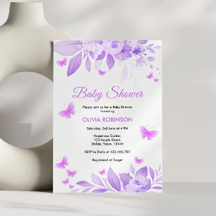 Purple Floral Baby Girl Butterfly Baby Shower Invitation