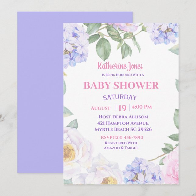   Purple Floral Baby Shower Invitation (Front/Back)